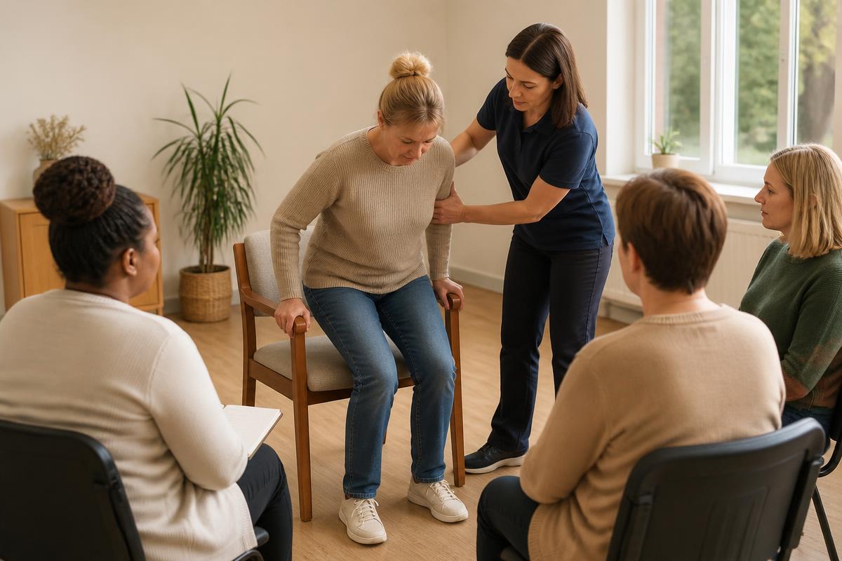 Formadora mostrando una técnica de transferencia segura a un equipo de profesionales