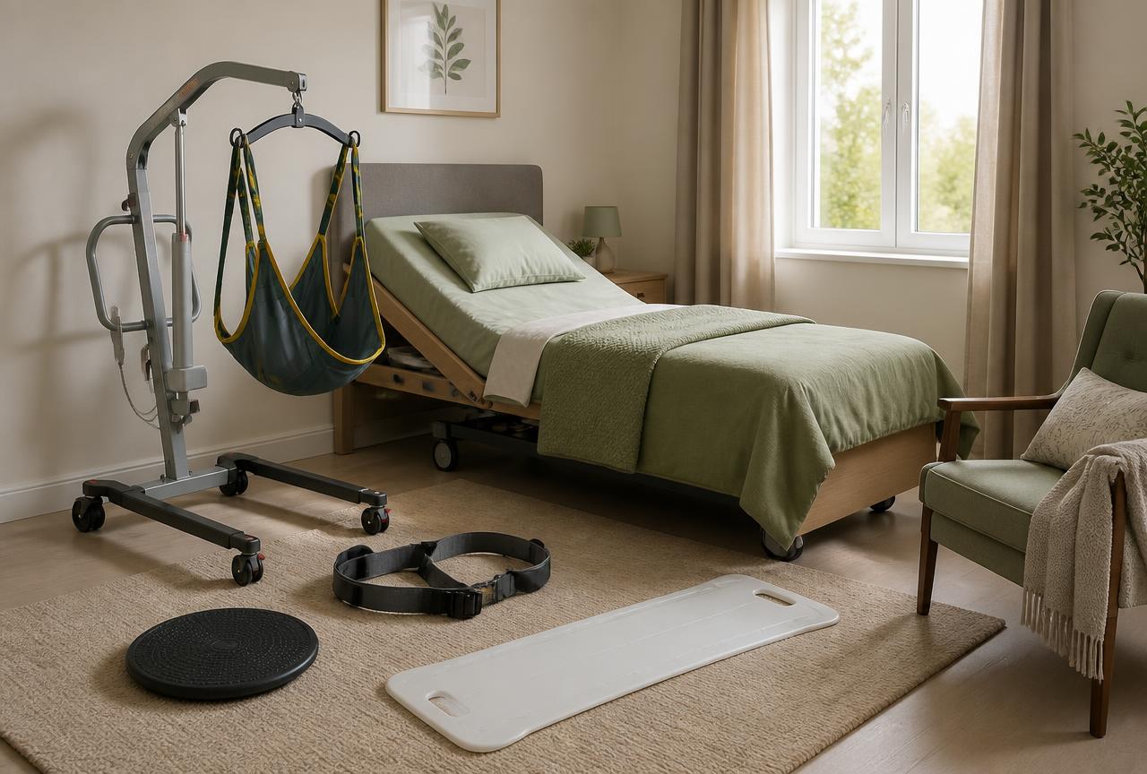 Grúa con arnés, cinturón de transferencia, disco giratorio, tabla de transferencia y cama articulada en una habitación.