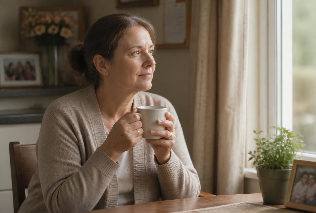 Cuidadora familiar tomando una pausa con una taza de té junto a la ventana.