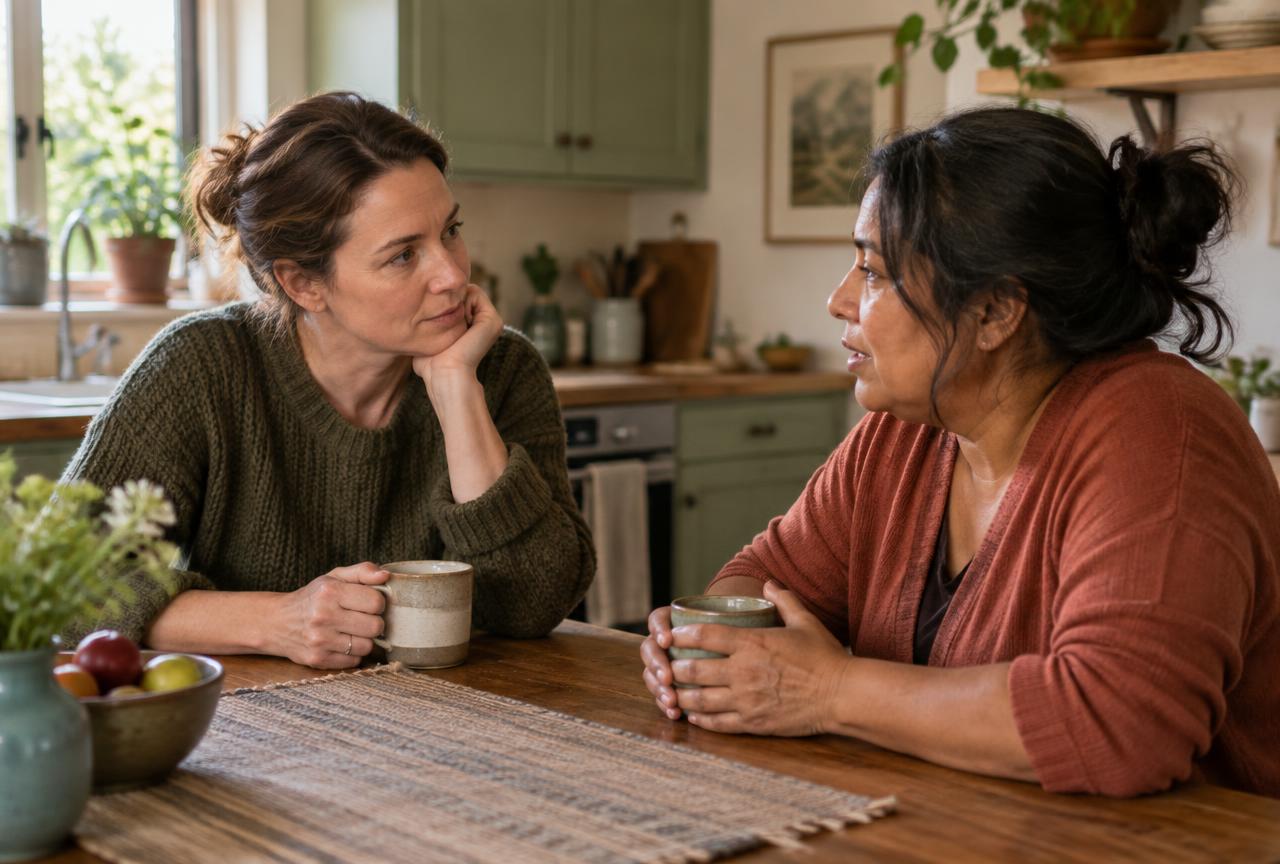 Dos cuidadoras conversando con una taza de té en la mesa de la cocina.