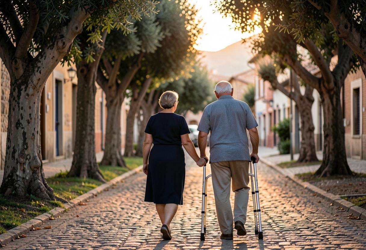 Cuidadora caminando de la mano de un hombre mayor con andador por un paseo arbolado al atardecer.