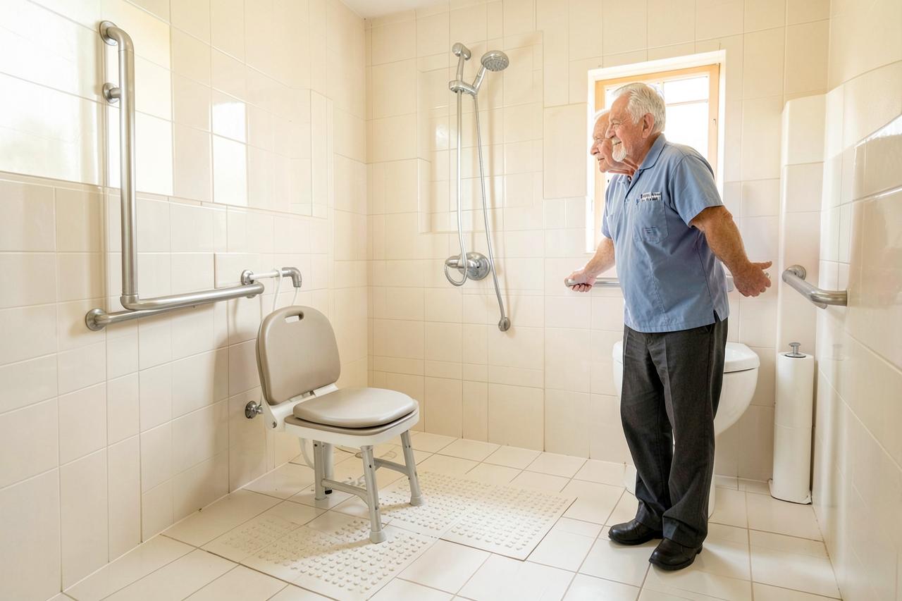 Baño adaptado con asideros, silla de ducha y alfombrilla antideslizante, con un profesional acompañando a un hombre mayor.