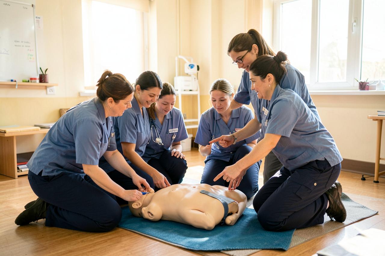 Equipo de profesionales sociosanitarias practicando primeros auxilios sobre un maniquí de reanimación durante una formación.
